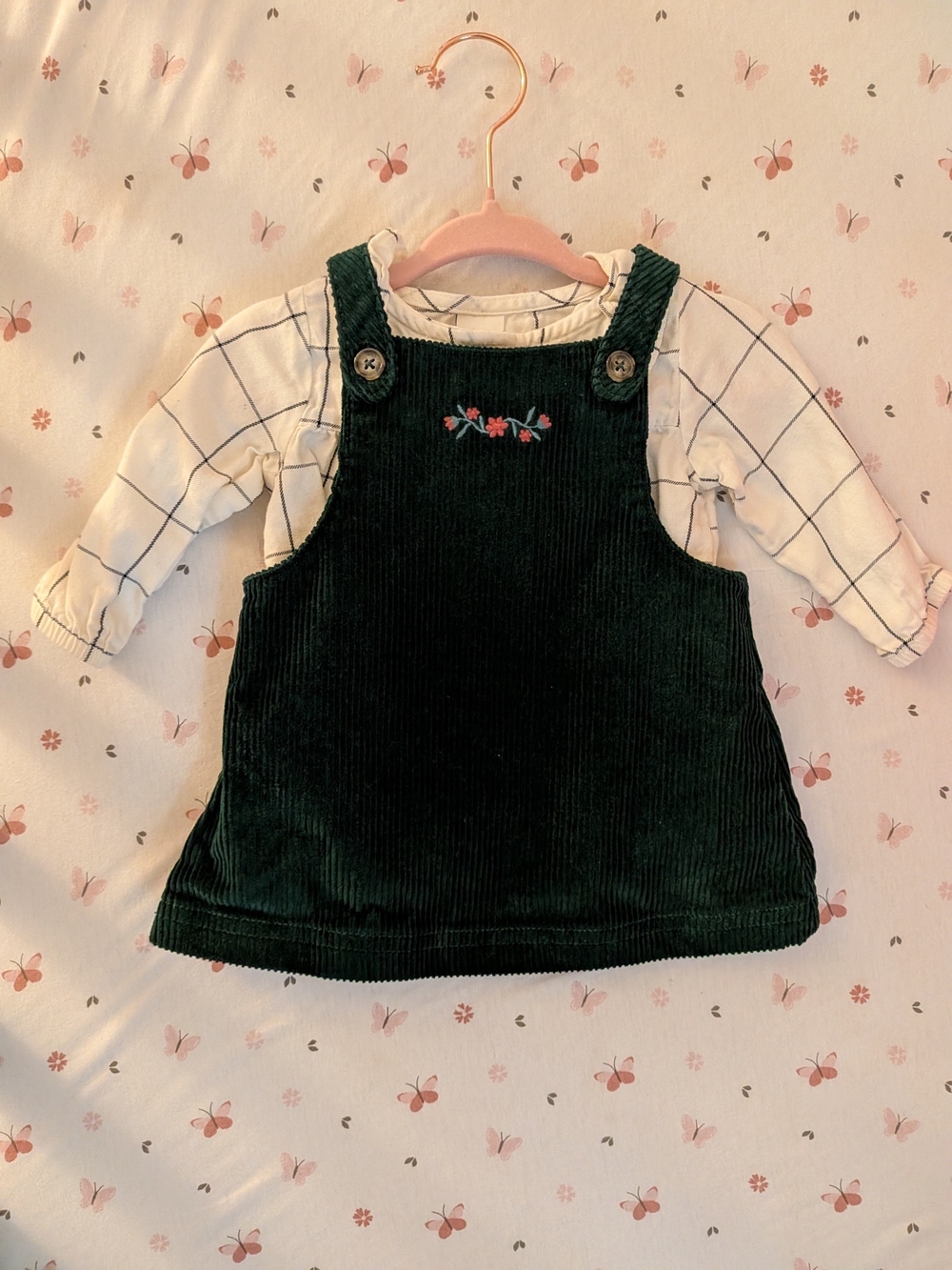 Toddler Green Corduroy Pinafore Dress with Floral Detail